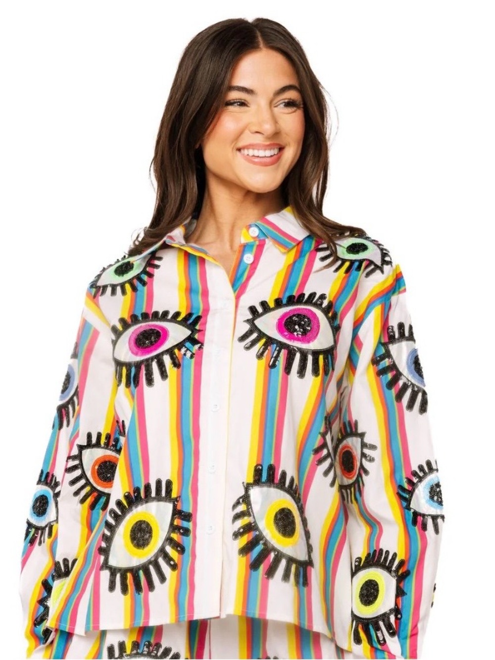 Queen Of Sparkles Rainbow Striped Eye Button Up Cotton Top